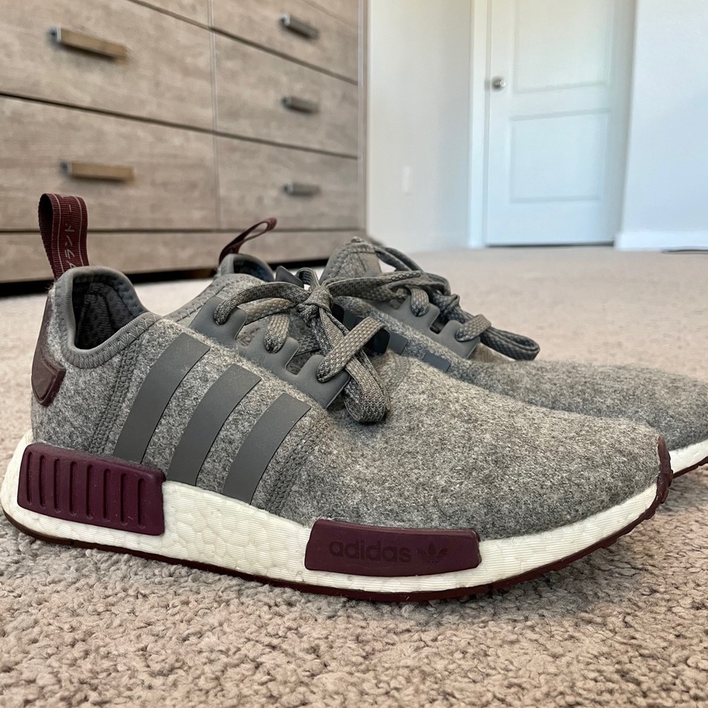 Grey/Burgundy Adidas NMDs